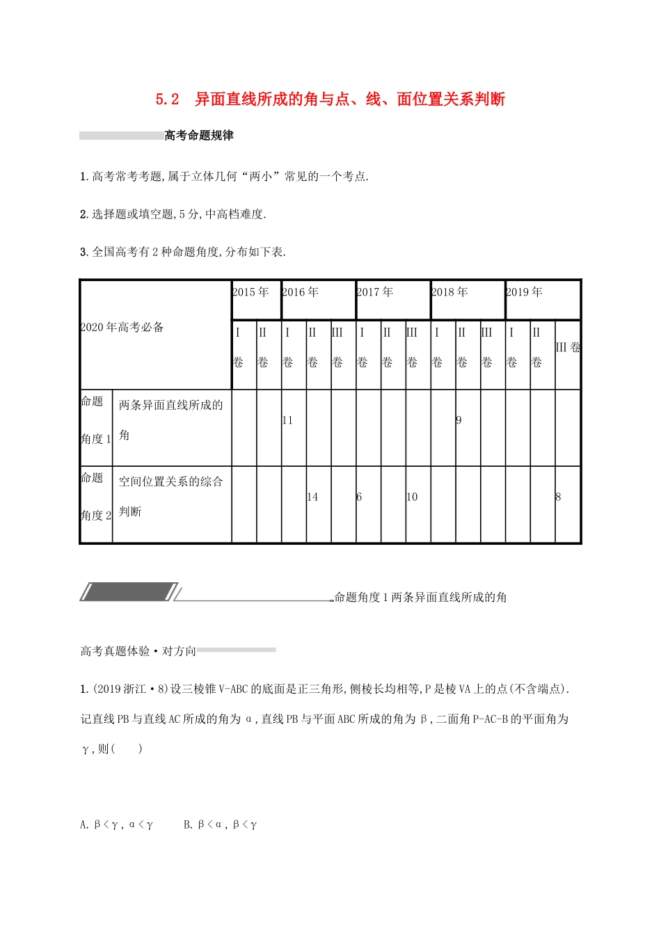 高考数学复习 专题五 立体几何 5.2 异面直线所成的角与点、线、面位置关系判断练习 文-人教版高三数学试题_第1页