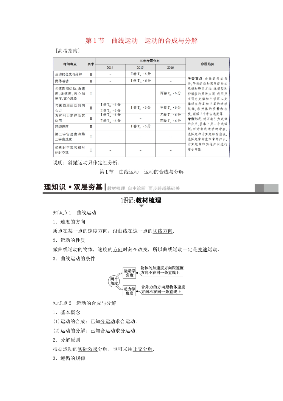 高考物理一轮复习 第4章 曲线运动 万有引力与航天 第1节 曲线运动 运动的合成与分解用书-人教版高三物理试题_第1页