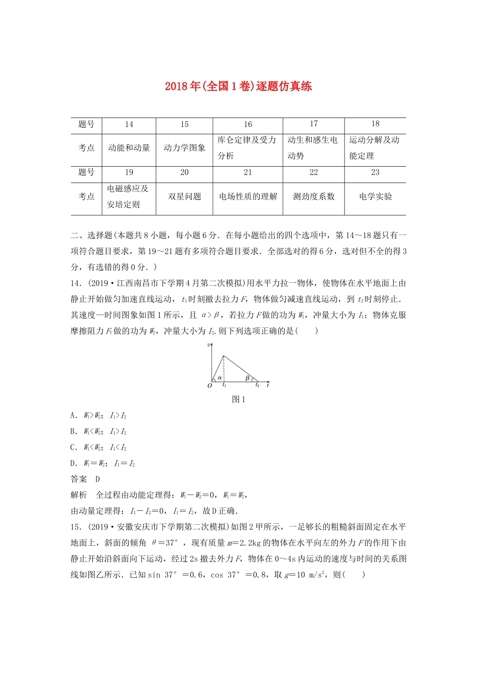 高考物理二轮复习“82”限时训练4 （全国1卷）逐题仿真练（含解析）-人教版高三全册物理试题_第1页