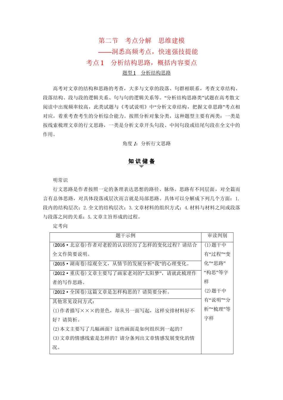 高考语文大一轮复习 第1部分 现代文阅读 专题5 文学类文本阅读-散文阅读 第2节 考点1 分析结构思路，概括内容要点-人教版高三全册语文试题_第1页
