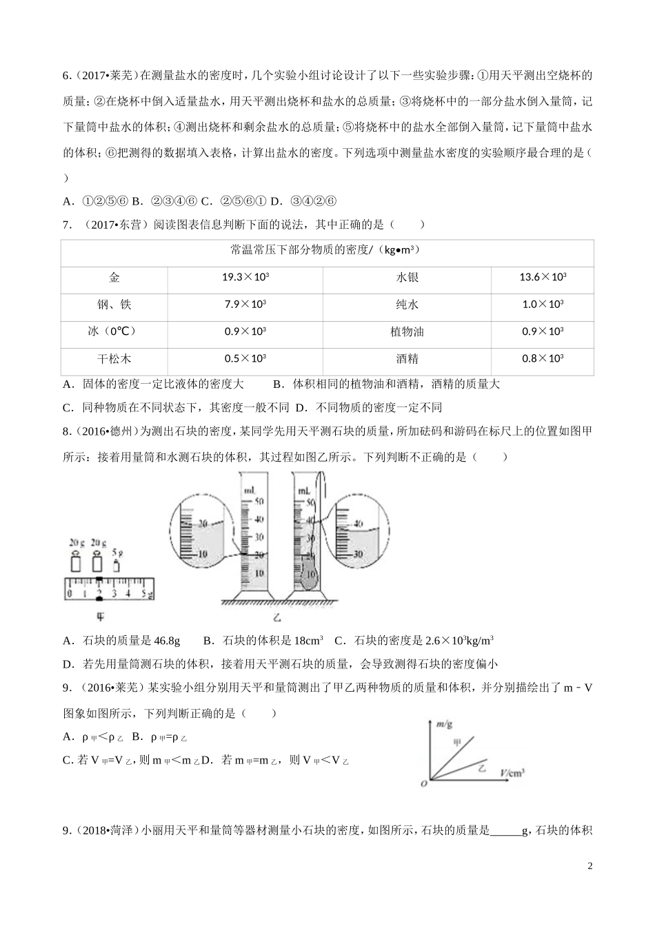 备战2019年中考山东省三年中考物理真题分类解析汇编——专题6--质量和密度(原题)_第2页