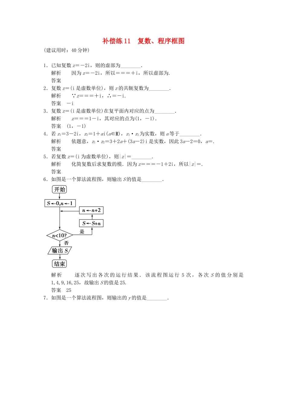 高考数学二轮复习 专题整合补偿练11 复数、程序框图 理（含最新原创题，含解析）_第1页