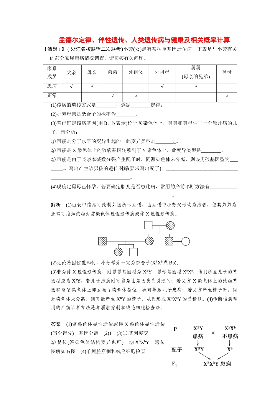 高考生物三轮高频考点 孟德尔定律、伴性遗传、人类遗传病与健康及相关概率计算考前猜题通关演练_第1页