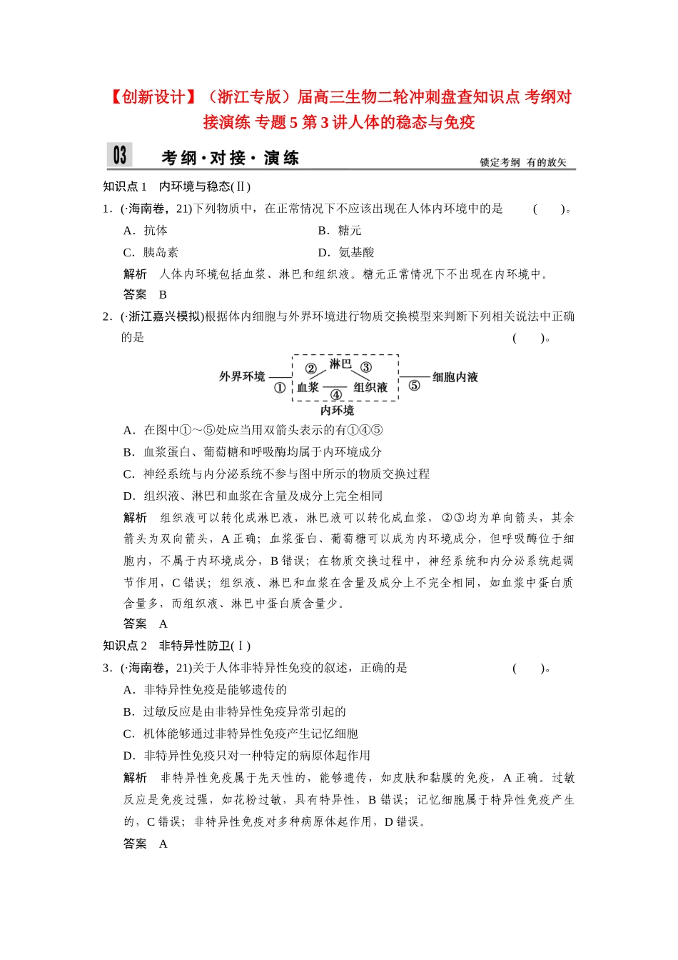 高三生物二轮冲刺盘查知识点 考纲对接演练 专题5 第3讲人体的稳态与免疫_第1页