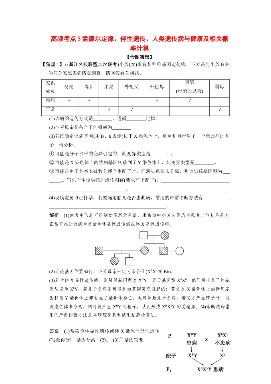 高三生物三轮冲刺备战 孟德尔定律、伴性遗传、人类遗传病与健康及相关概率计算_第1页