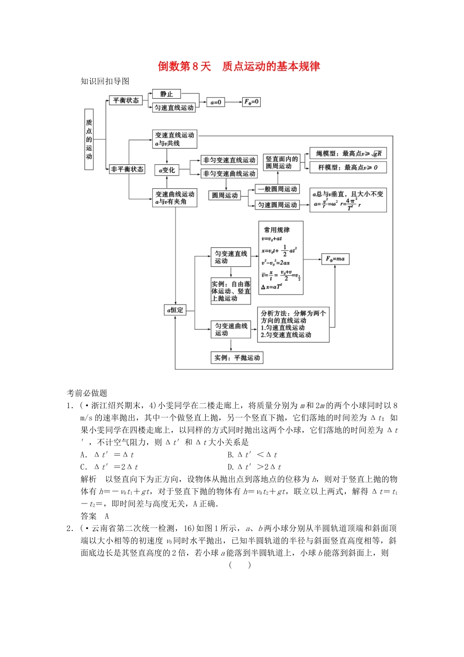 高考物理二轮复习 倒数10天练 倒数第8天 质点运动的基本规律（含解析）_第1页