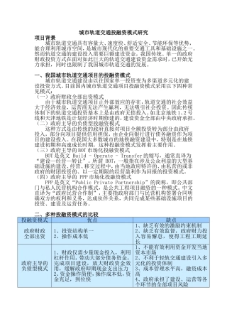 城市轨道交通投融资模式