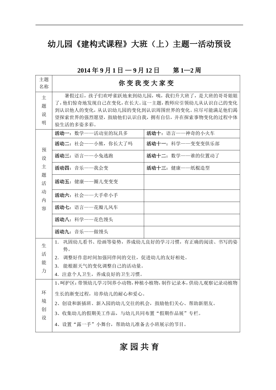 大班(上)主题一活动预设_第1页