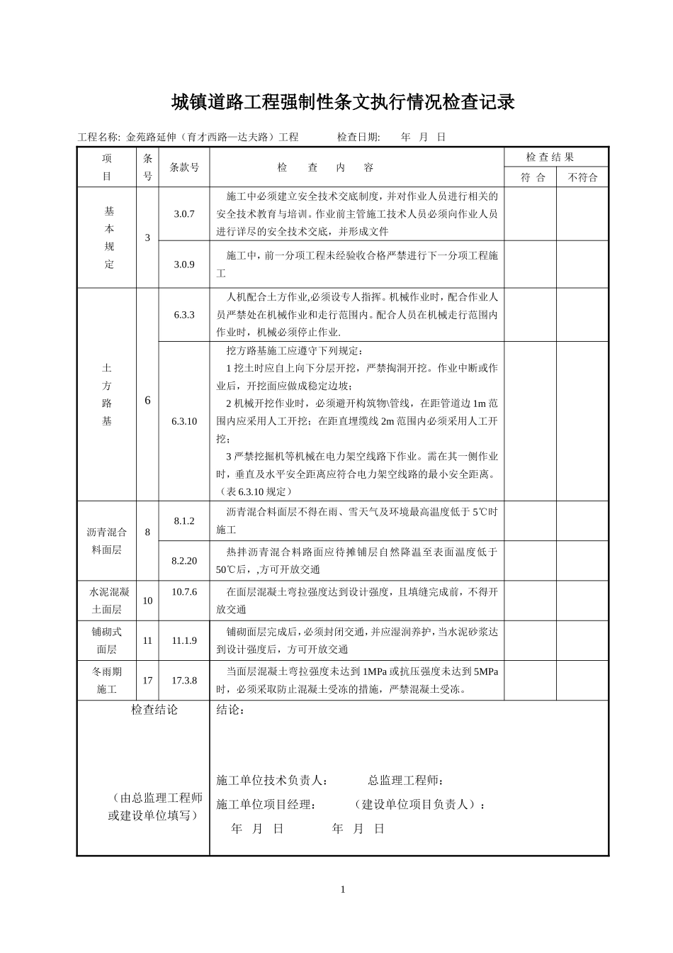 城镇道路工程强制性条文执行情况检查记录_第1页