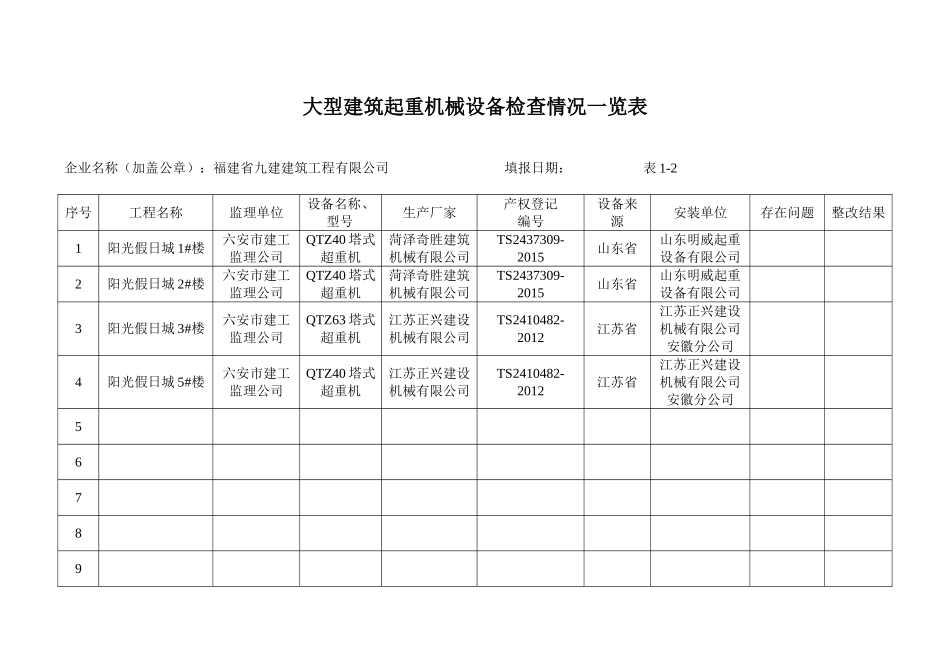大型建筑起重机械设备检查情况一览表_第1页