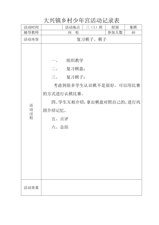 大兴镇乡村少年宫象棋活动记录表