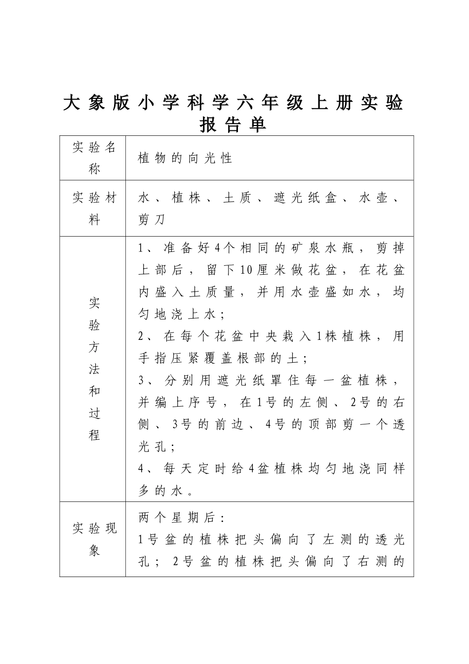 大象版小学科学六年级上册实验报告单_第1页