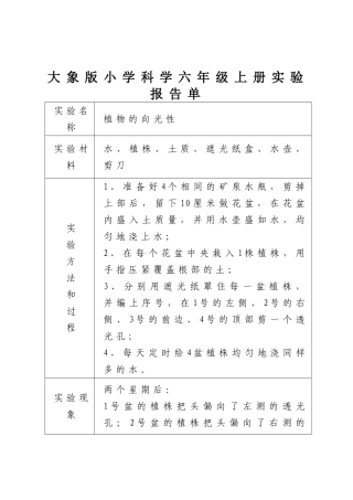 大象版小学科学六年级上册实验报告单