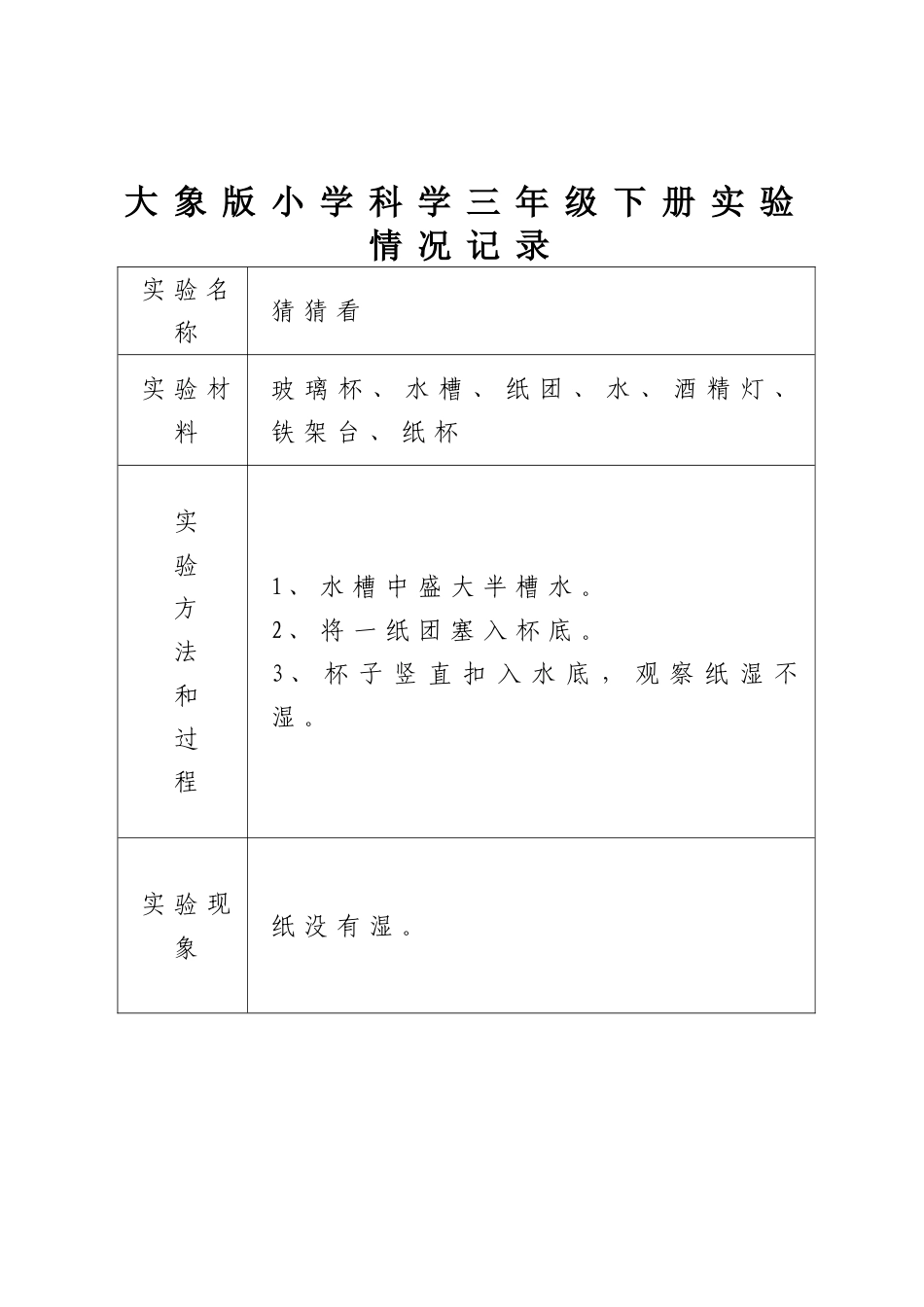 大象版小学科学三年级下册实验情况记录_第1页