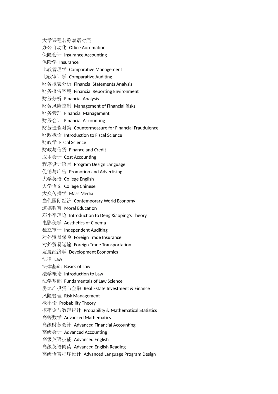 大学课程名称双语对照_第1页