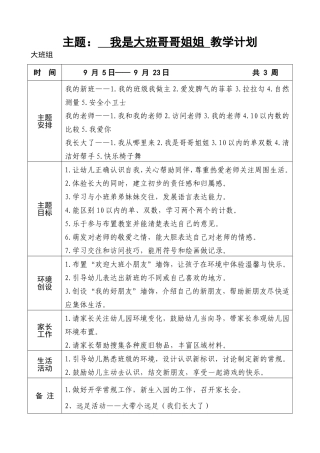 大班上学期主题计划表