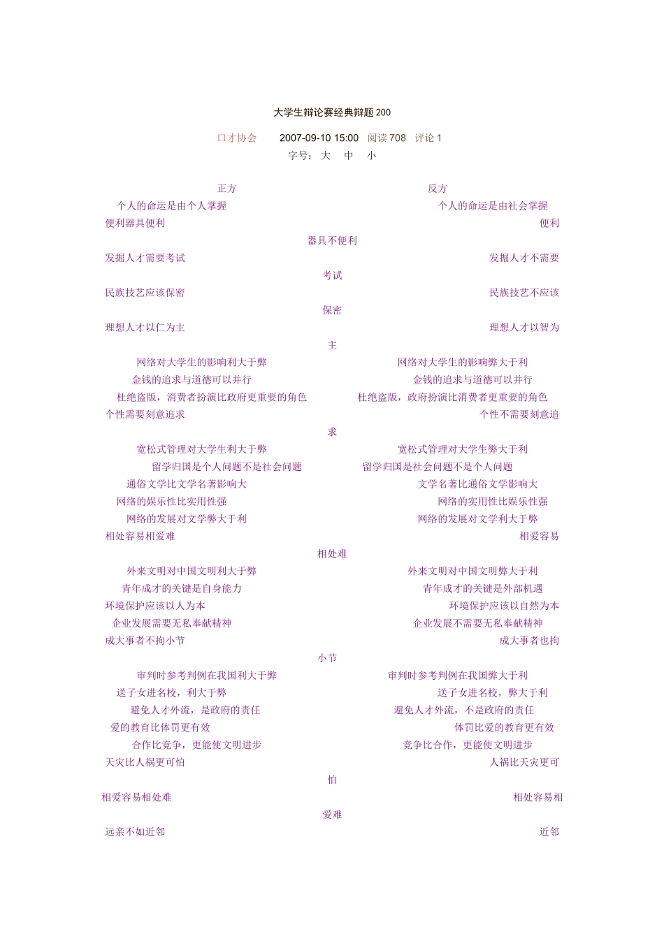 大学生辩论赛经典辩题200_第1页