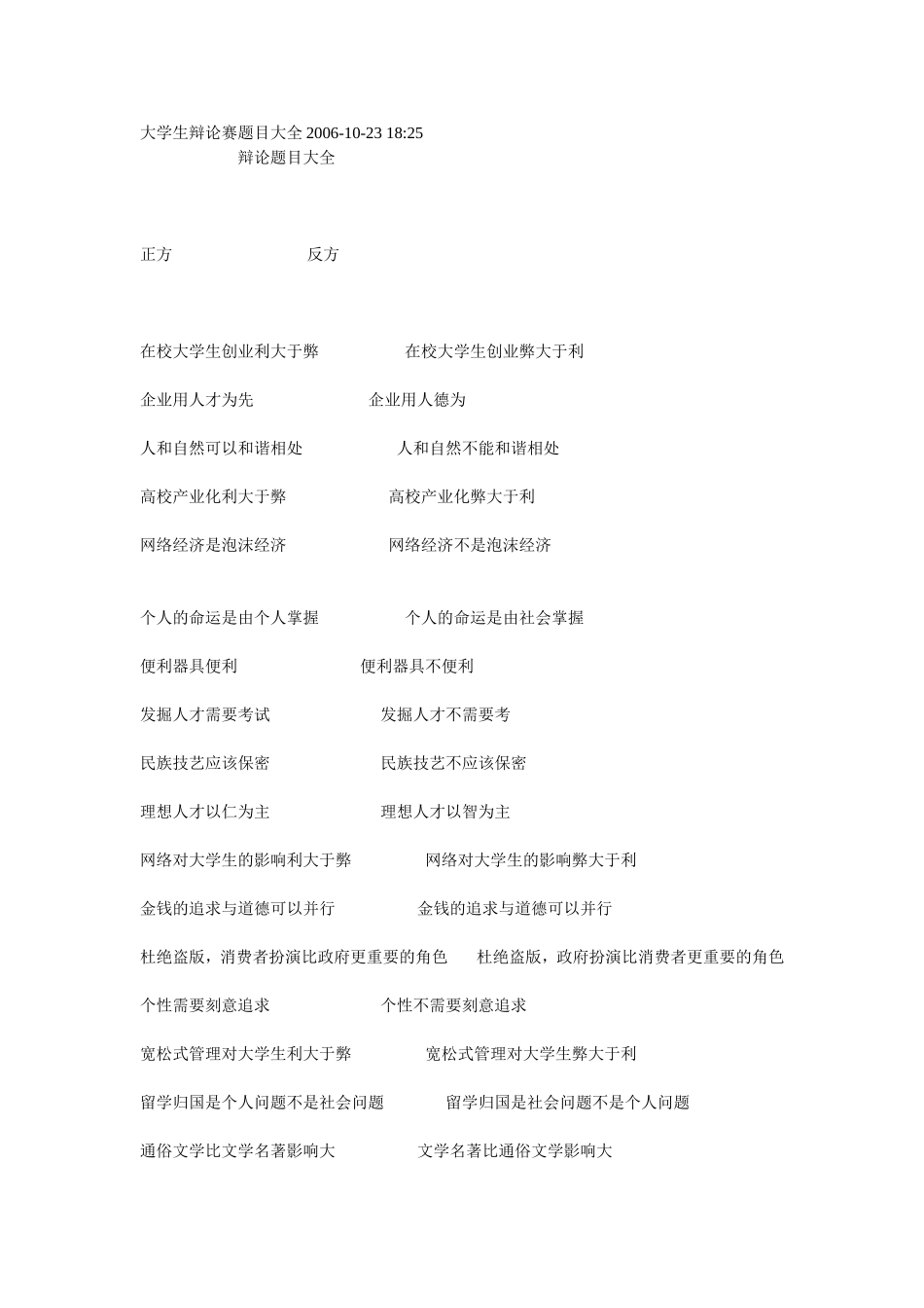 大学生辩论赛题目大全2006_第1页