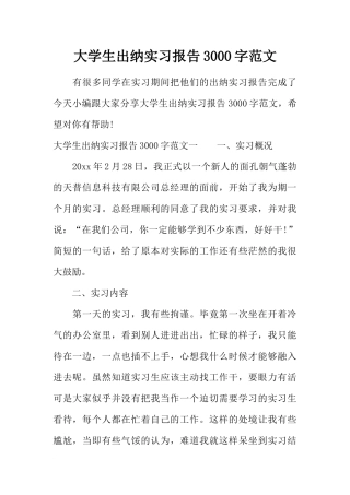 大学生出纳实习报告3000字范文