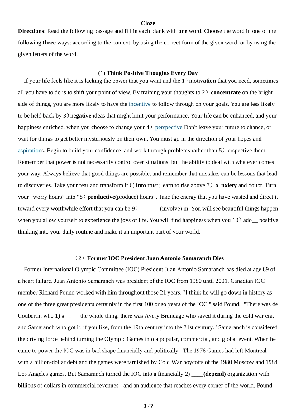 大学生英语竞赛决赛培训完形填空练习_第1页