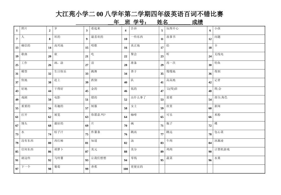 大江苑小学二00三学年上学期四年级英语百词不错比赛_第2页