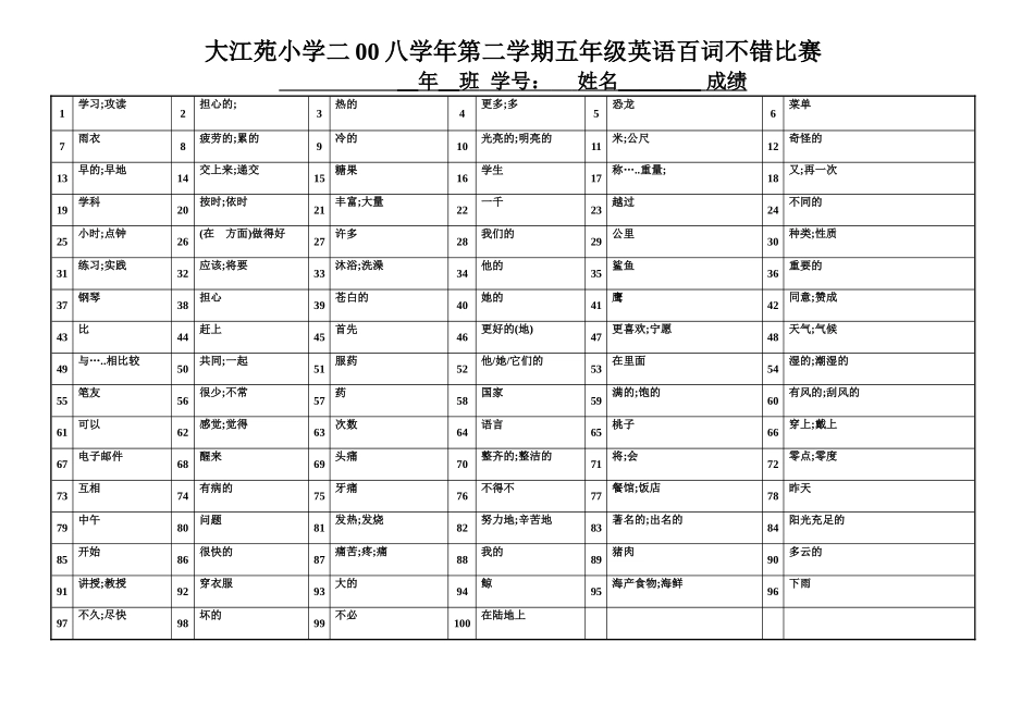 大江苑小学二00三学年上学期四年级英语百词不错比赛_第3页