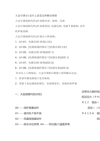 大金空调显示u1是什么意思故障怎样解决排除