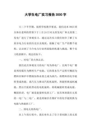 大学生电厂实习报告3000字