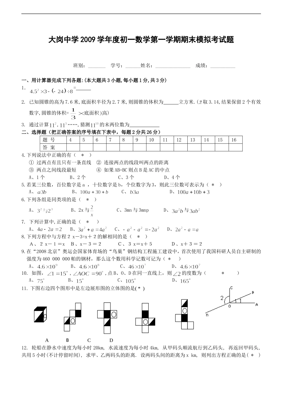 大岗中学2009学年度初一数学第一学期期末模拟考试题_第1页