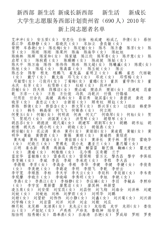 大学生志愿服务西部计划贵州省(690人)2010年新上岗志愿者名单