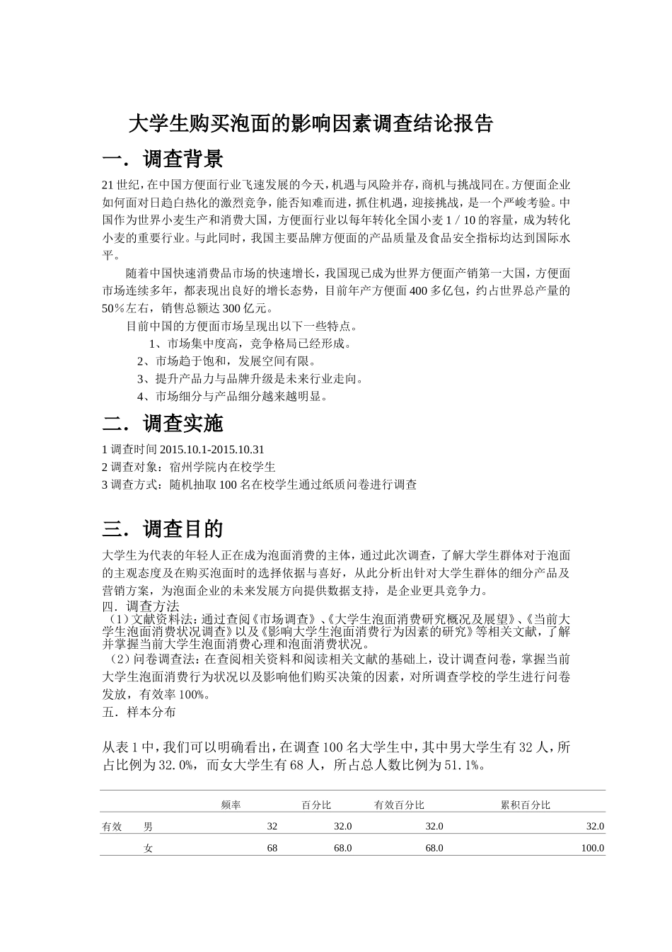 大学生购买泡面选择与消费情况调查报告_第1页