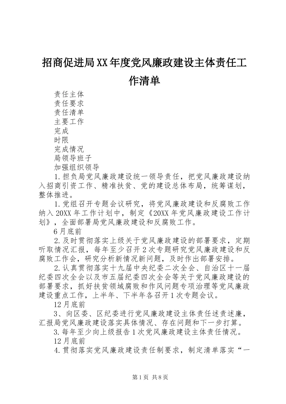 2024年招商促进局年度党风廉政建设主体责任工作清单_第1页