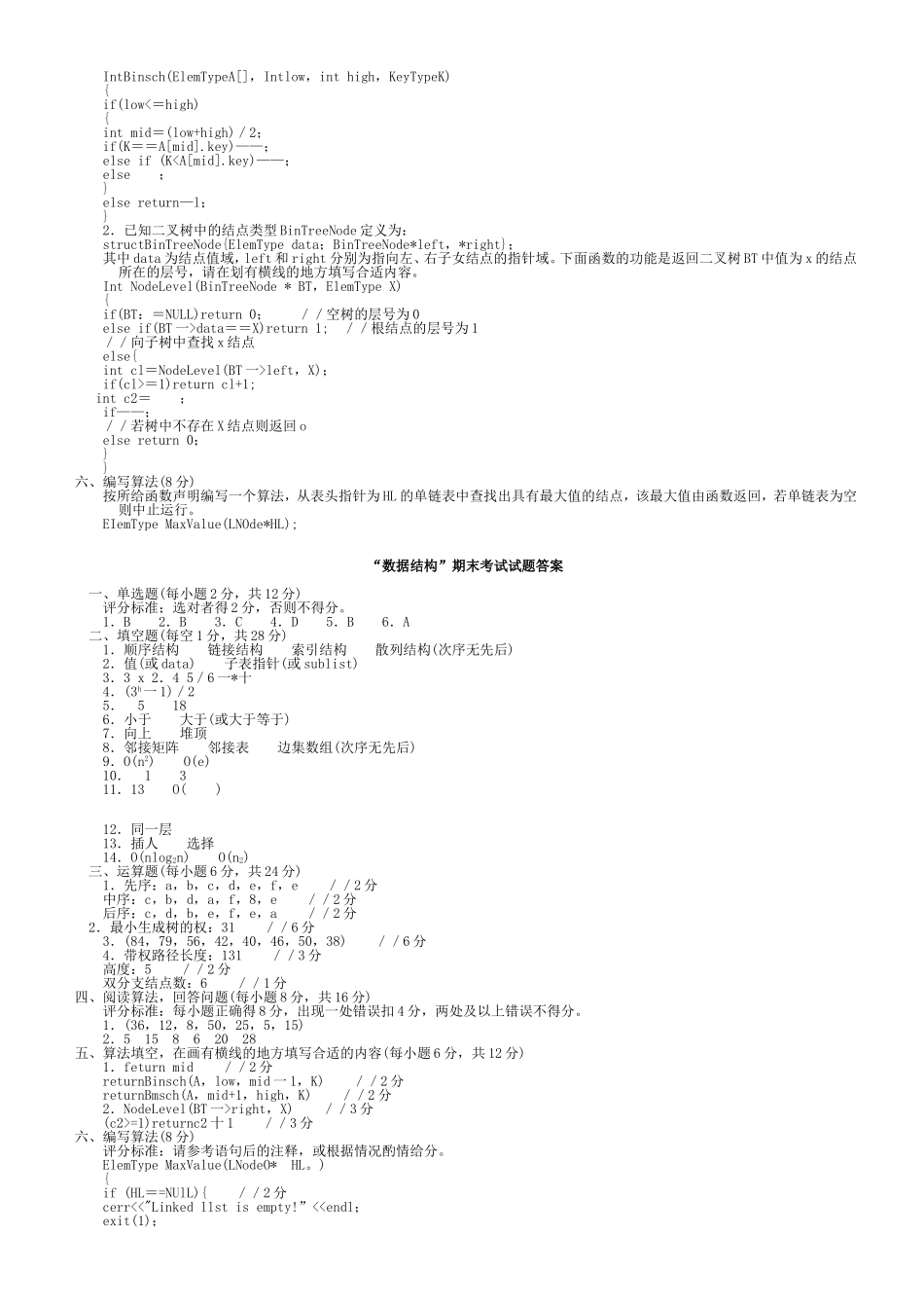 大学数据结构期末考试试题(有答案)_第2页