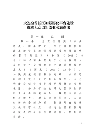 大连金普新区创新创业实施办法