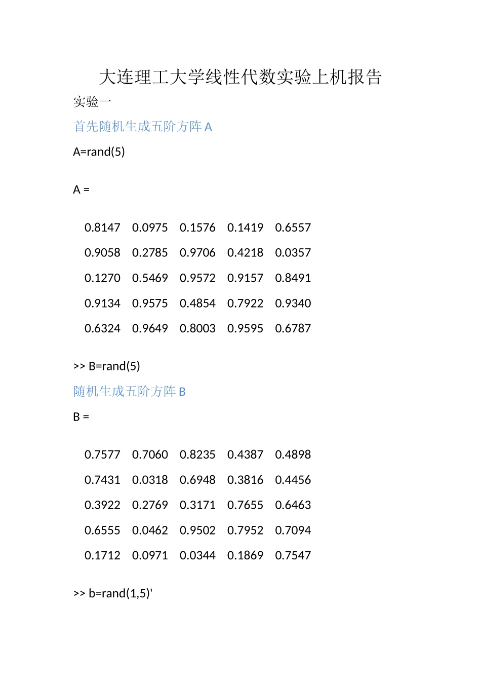 大连理工大学线性代数实验上机报告_第1页