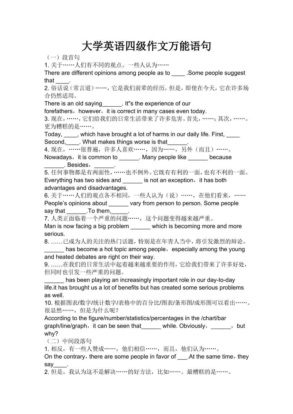 大学英语四级作文必背万能语句_第1页