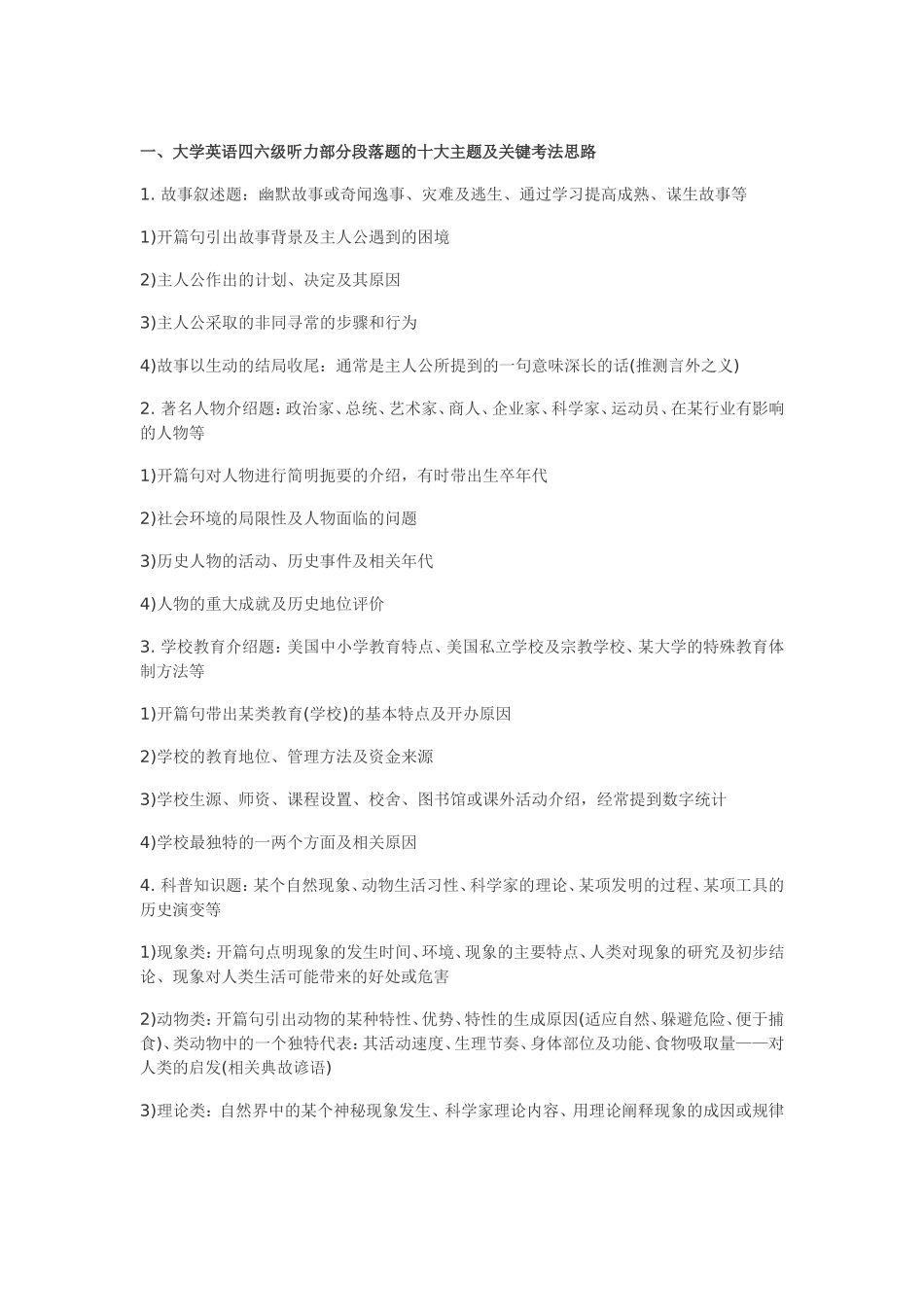 大学英语四六级听力部分段落题的十大主题及关键考法思路_第1页