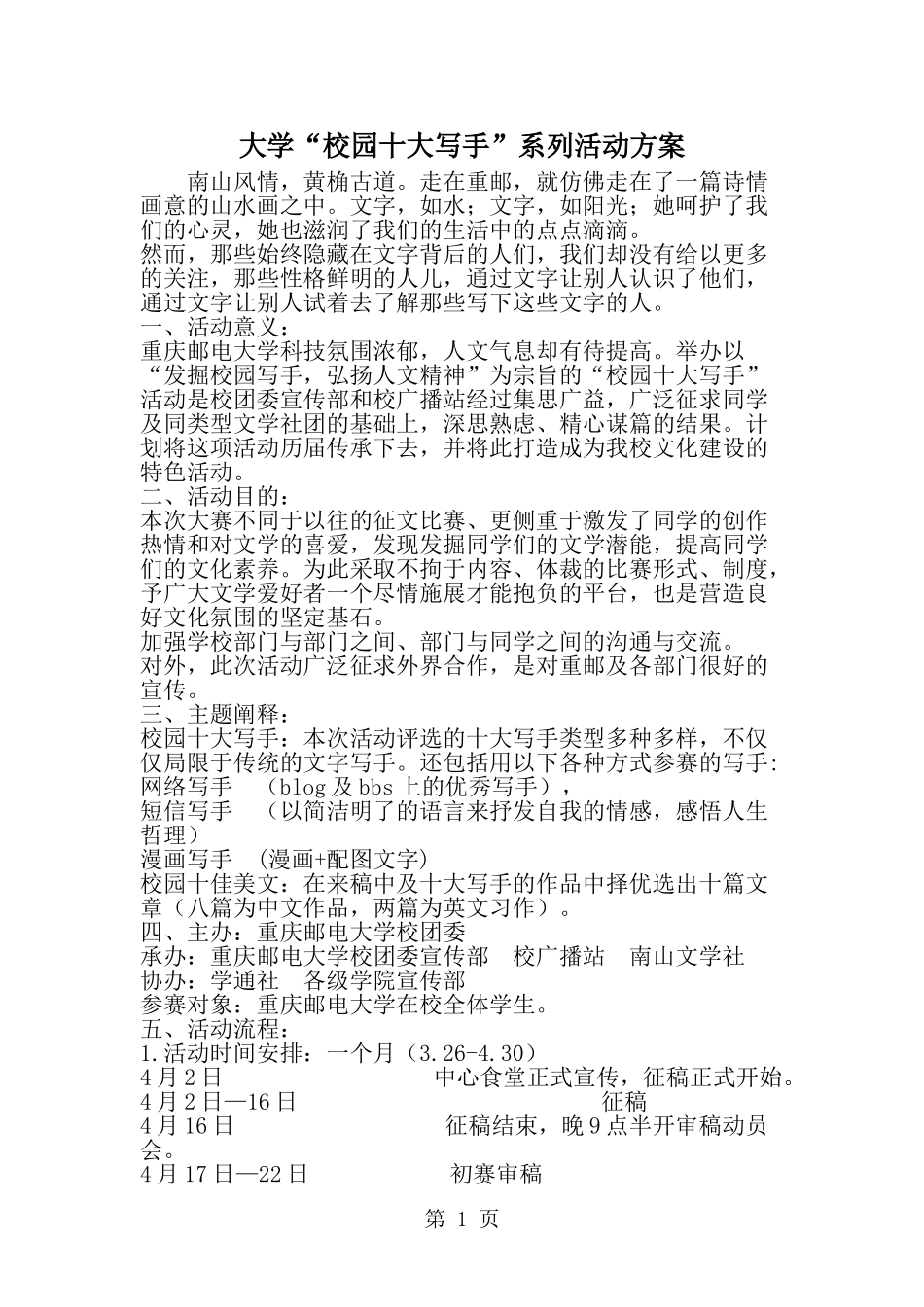 大学校园十大写手-系列活动方案--word范文资料_第1页