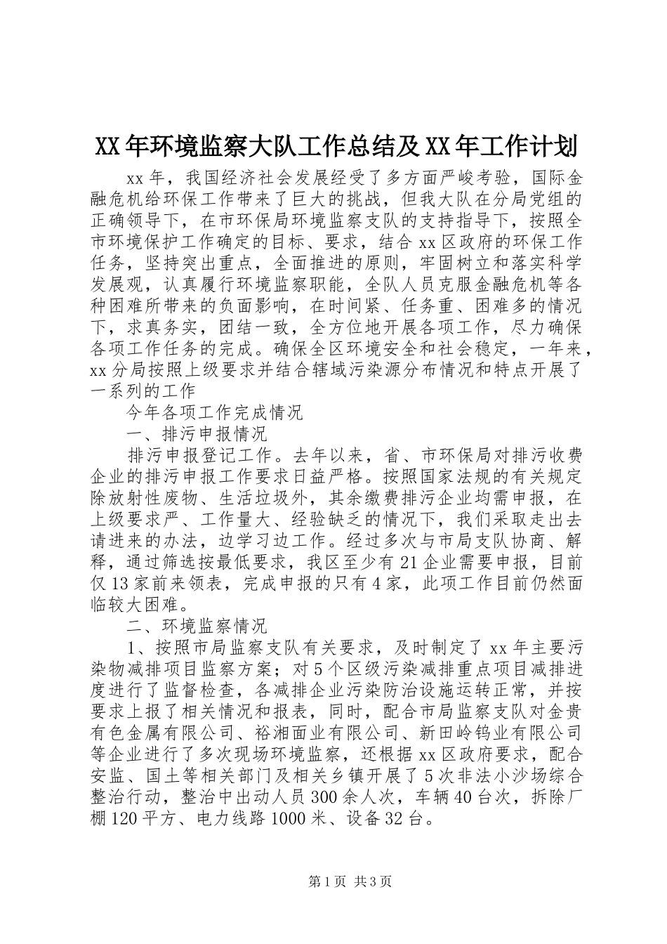 2024年环境监察大队工作总结及工作计划_第1页