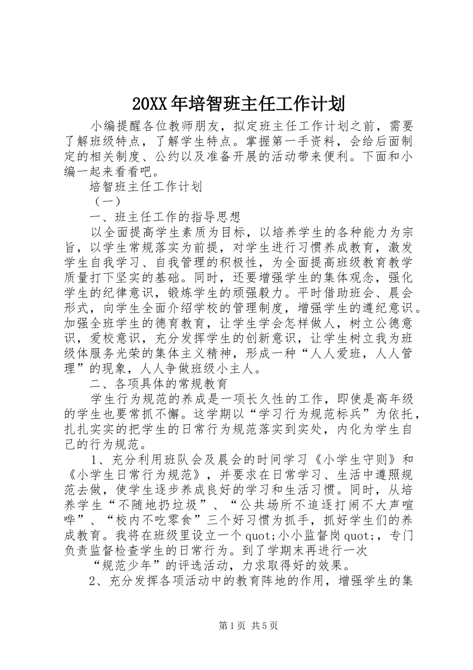 2024年培智班主任工作计划_第1页