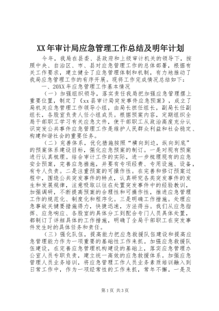 2024年审计局应急管理工作总结及明年计划