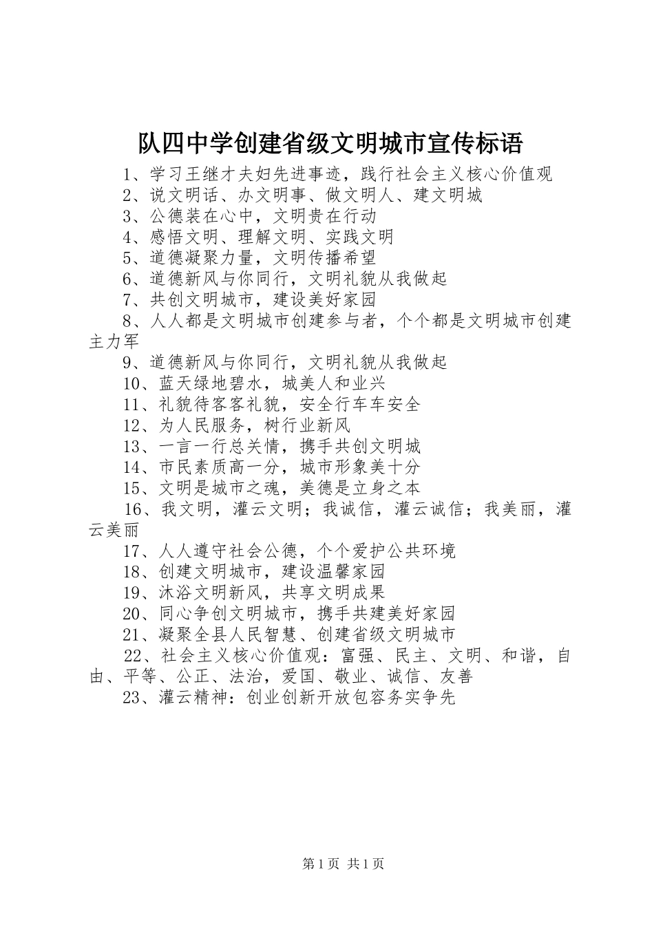 2024年队四中学创建省级文明城市宣传标语_第1页