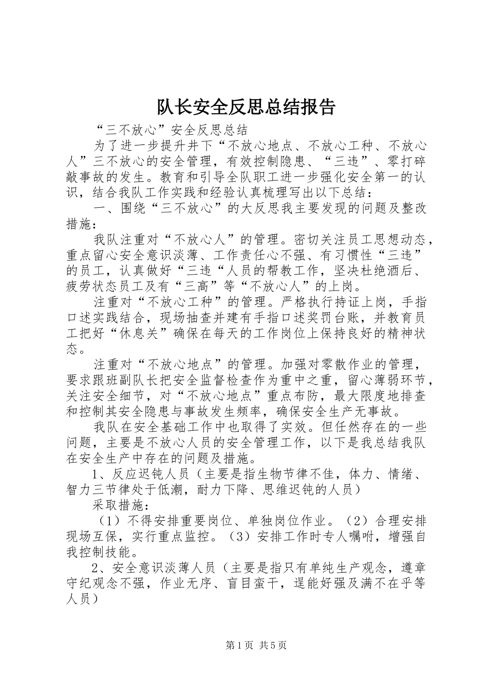 2024年队长安全反思总结报告_第1页