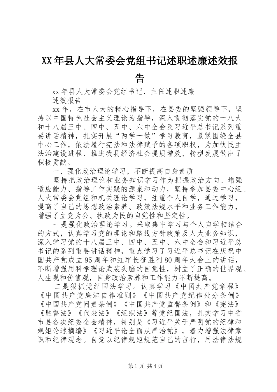 2024年县人大常委会党组书记述职述廉述效报告_第1页