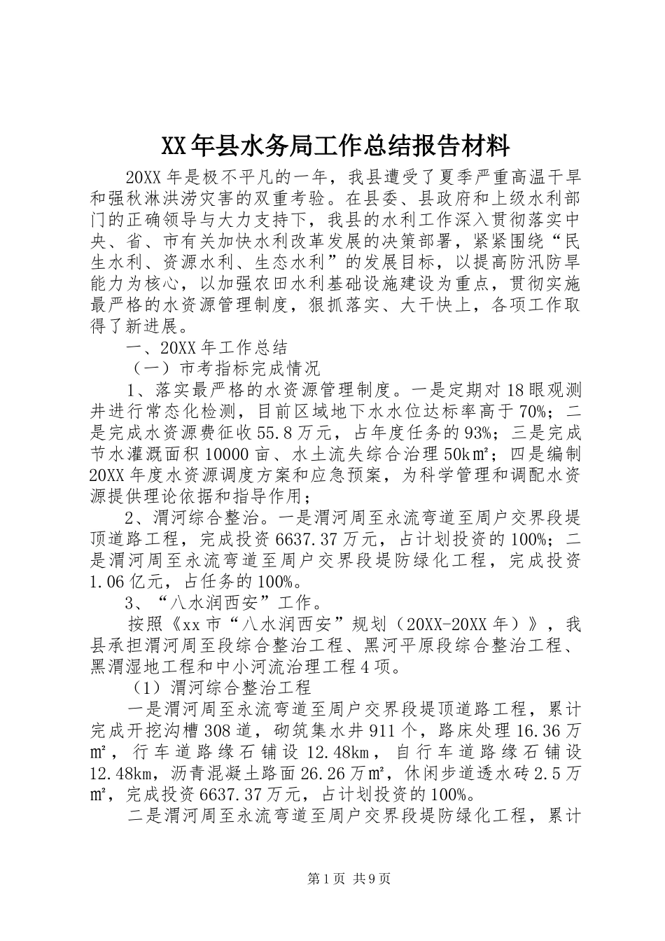 2024年县水务局工作总结报告材料_第1页