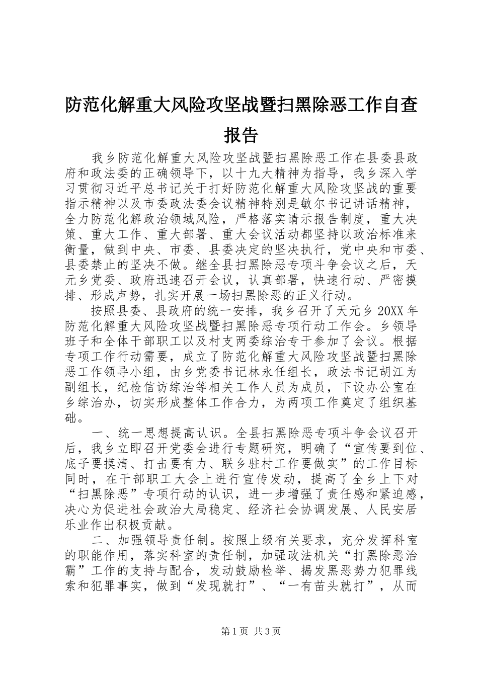 2024年防范化解重大风险攻坚战暨扫黑除恶工作自查报告_第1页