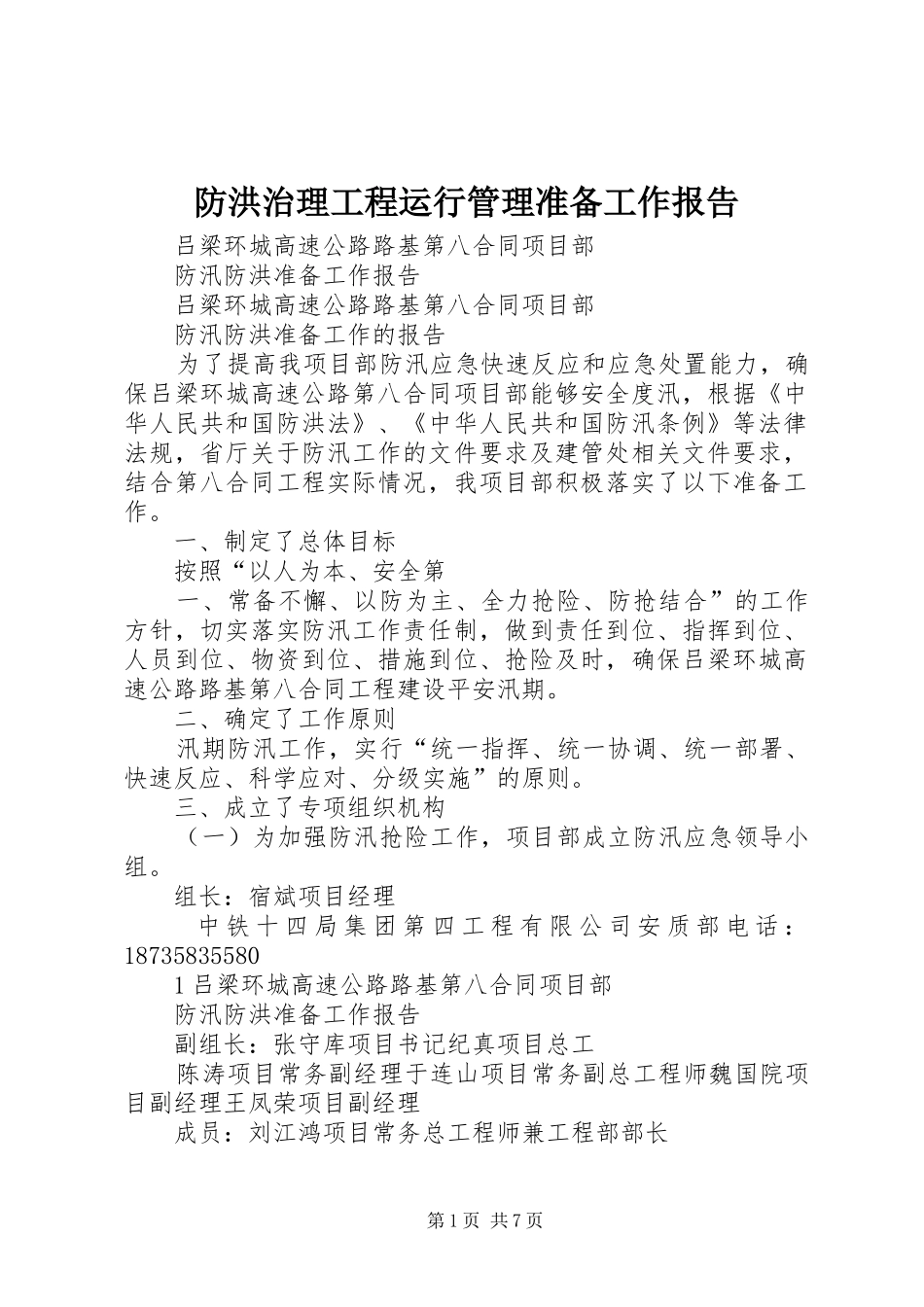 2024年防洪治理工程运行管理准备工作报告_第1页