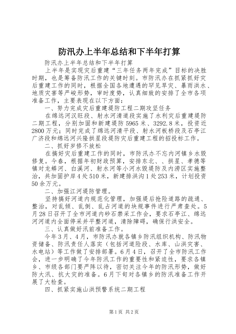 2024年防汛办上半年总结和下半年打算_第1页