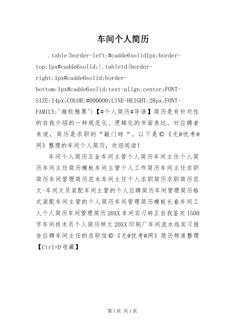 2024年车间个人简历_第1页