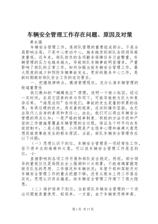 2024年车辆安全管理工作存在问题原因及对策